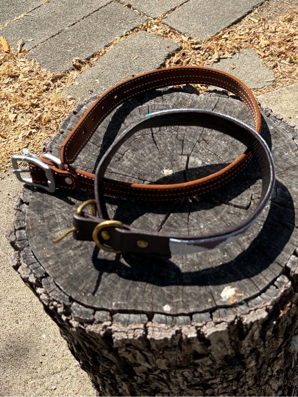 2-Hand-stitched and Beaded Brown Leather Dog Collar set